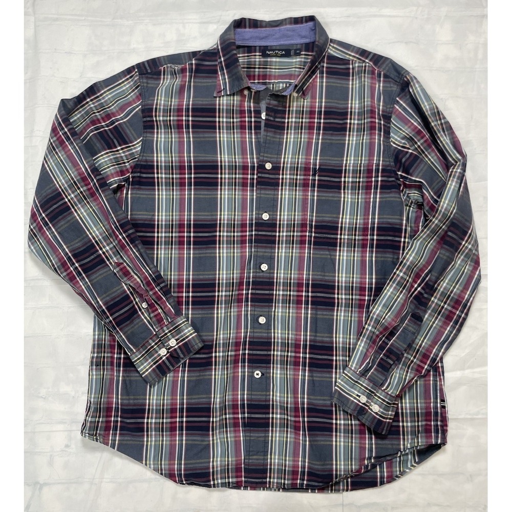 Nautica Shirt Mens XL Button Up Blue‎ Green Red Plaid Coastal Casual Long Sleeve